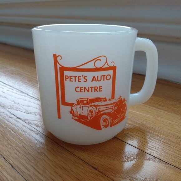 Vintage Milkglass Mug "Pete's Auto Centre" Retro Car Mechanic #1 - Picture 1 of 12